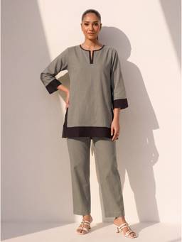 Gahan - Solid Cotton Slub Co-Ord Set - Grey
