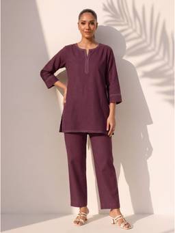 Gahan - Solid Cotton Slub Co-Ord Set - Burgundy