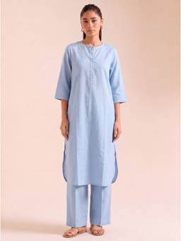 Gahan - Solid Cotton Slub Kurta and Pant - Blue