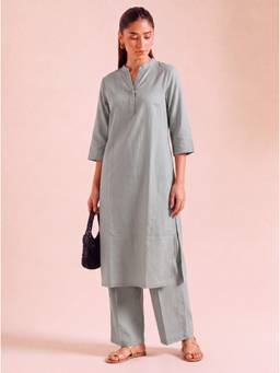 Gahan - Solid Cotton Slub Kurta and Pant - Grey