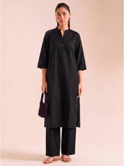 Gahan - Solid Cotton Slub Kurta and Pant - Black
