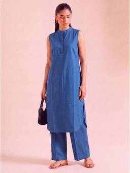 Gahan - Solid Cotton Slub Kurta and Pant - Blue
