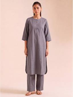 Gahan - Solid Cotton Slub Kurta and Pant - Grey
