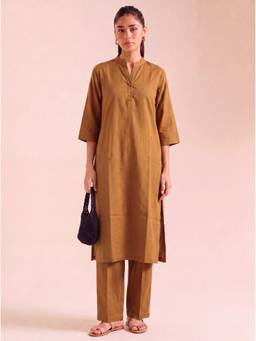 Gahan - Solid Cotton Slub Kurta and Pant - Mustard