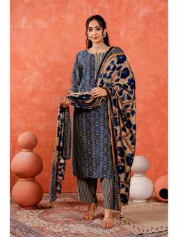 Gahan - Women Modal Chanderi Printed Straight Kurta with Dupatta - Blue
