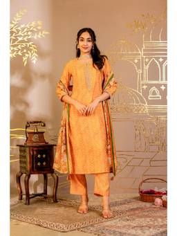 Gahan - Women Modal Chanderi Printed Straight Kurta with Dupatta - Orange