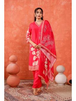 Gahan - Women Muslin Adda Work Printed Kurta with Dupatta - Fuchsia