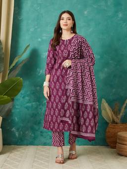 Gahan - Women Cotton Floral Printed Straight Kurta and Pant with Dupatta - Purple