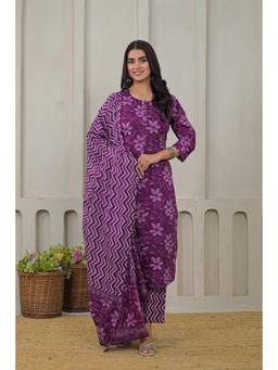 Gahan - Women Cotton Floral Printed Straight Kurta and Pant with Dupatta - Purple