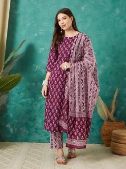 Gahan - Women Cotton Floral Printed Straight Kurta and Pant with Dupatta - Purple