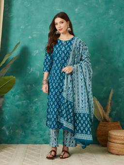 Gahan - Women Cotton Floral Printed Straight Kurta and Pant with Dupatta - Teal Blue
