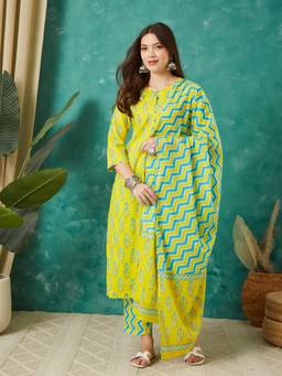 Gahan - Women Cotton Floral Printed Straight Kurta and Pant with Dupatta - Yellow