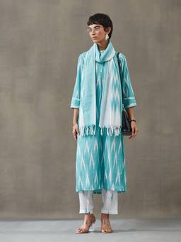 Gahan - Women Cotton Ikat Printed Straight Kurta and Pant with Dupatta - Blue