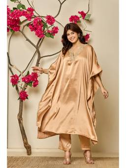 Gahan - Women Satin Solid Kaftan with Pant - Beige