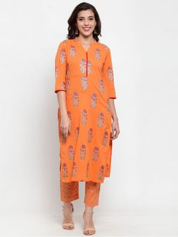 Indibelle - Cotton Orange Block Print Straight Kurta
