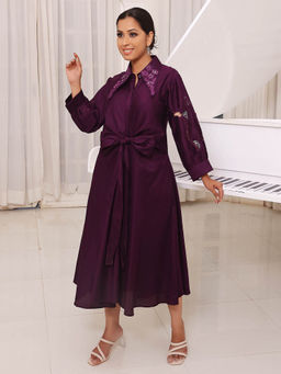 KAFTANIZE - Purple Tie Detail Embroidered Collar Flare Dress