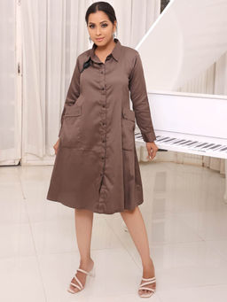 KAFTANIZE - Ash Brown Shirt Dress with Chirping Bird Brooch