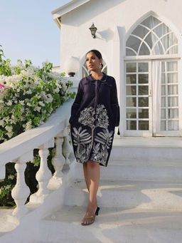 KAFTANIZE - Blue Scenic Embroidery Top Stitch Shirt Dress with Bell Sleeves