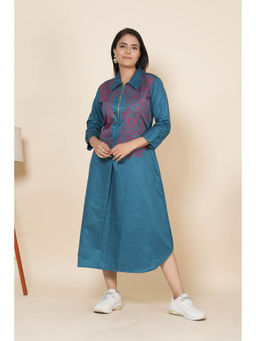 KAFTANIZE - Teal Blue Embroidered Thread Work Poplin Dress