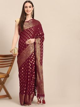 Odette - Maroon Georgette Woven Saree with Unstitched Blouse