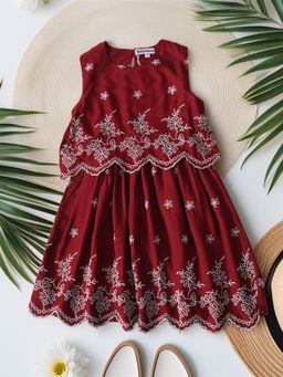 Bella Moda - Maroon Cotton Embroidered Dress