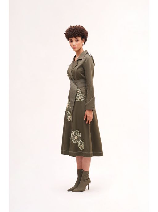 green emerald velvet dress Oscar de la Renta Cotton Belted Trench Dress Military Green