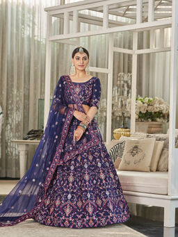 Odette - Navy Blue Designer Floral Embroidered Silk Semi Stitched Lehenga With Unstitched Blouse (Set of 3)
