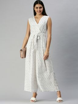 SHOWOFF - Women V-Neck White Printed Jumpsuit