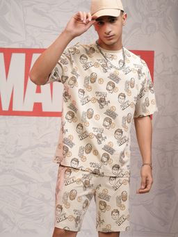 HIGHLANDER - Men Avenger Beige Round Neck Oversized T-shirt With Loose Fit Shorts (Set of 2)