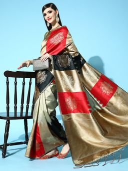 Odette - Silk Blend Beige Woven Design Saree with Unstitched Blouse