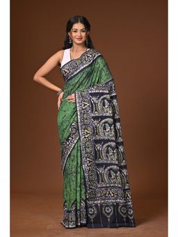 Ramshyam Collection - Green Hand Batik Cotton Saree with Unstitched Blouse