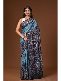 Ramshyam Collection - Blue Green Hand Batik Cotton Saree with Unstitched Blouse