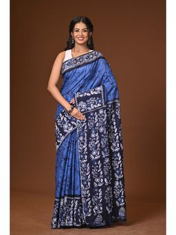 Ramshyam Collection - Blue Hand Batik Cotton Saree with Unstitched Blouse