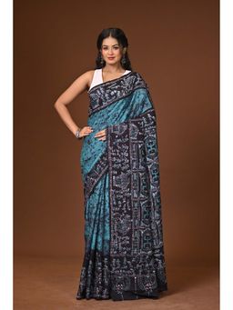 Ramshyam Collection - Turquoise Hand Batik Cotton Saree with Unstitched Blouse