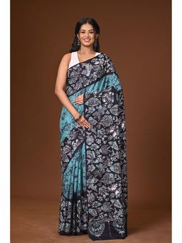 Ramshyam Collection - Turquoise Hand Batik Cotton Saree with Unstitched Blouse