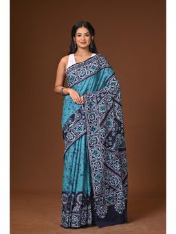 Ramshyam Collection - Turquoise Hand Batik Cotton Saree with Unstitched Blouse