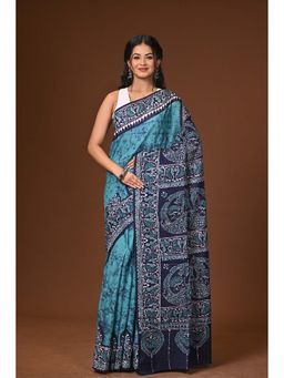 Ramshyam Collection - Turquoise Hand Batik Cotton Saree with Unstitched Blouse
