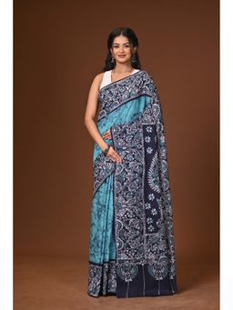 Ramshyam Collection - Turquoise Hand Batik Cotton Saree with Unstitched Blouse