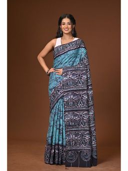 Ramshyam Collection - Turquoise Hand Batik Cotton Saree with Unstitched Blouse