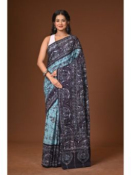 Ramshyam Collection - Turquoise Hand Batik Cotton Saree with Unstitched Blouse