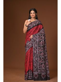 Ramshyam Collection - Maroon Hand Batik Cotton Saree with Unstitched Blouse