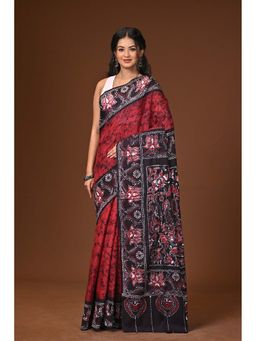Ramshyam Collection - Maroon Hand Batik Cotton Saree with Unstitched Blouse