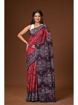 Ramshyam Collection - Maroon Hand Batik Cotton Saree with Unstitched Blouse