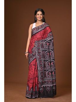 Ramshyam Collection - Maroon Hand Batik Cotton Saree with Unstitched Blouse
