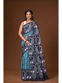 Ramshyam Collection - Turquoise Hand Batik Cotton Saree with Unstitched Blouse