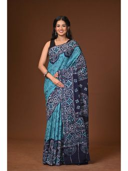 Ramshyam Collection - Turquoise Hand Batik Cotton Saree with Unstitched Blouse