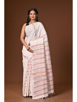 Ramshyam Collection - White Embroidered Khesh Kantha Saree with Unstitched Blouse