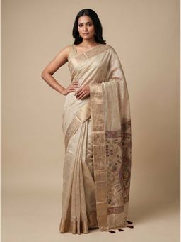 Dress & Dazzle - Cream Jamdani Saree with Unstitched Blouse