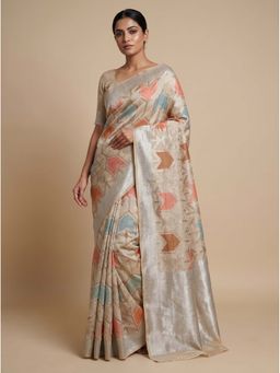 Dress & Dazzle - Beige Rangkaat Saree with Unstitched Blouse