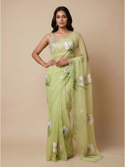 Dress & Dazzle - Lime Green Chiffon Saree with Unstitched Blouse